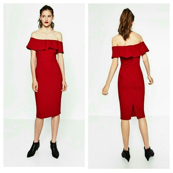 red dress off shoulder zara